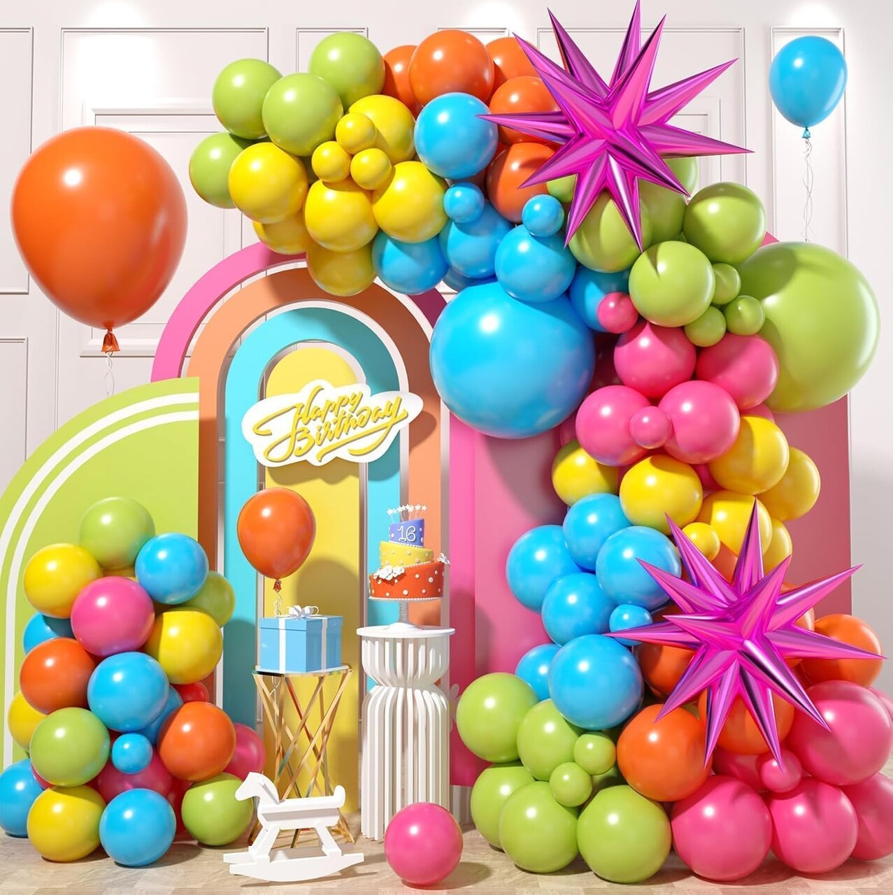 Green Blue Yellow Orange Balloon Arch, Rainbow Balloon Garland with Rose Red Yellow Orange Blue Green Latex Balloons Rose Red Foil Balloons for Birthday Aloha Luau Fiesta Party Decorations